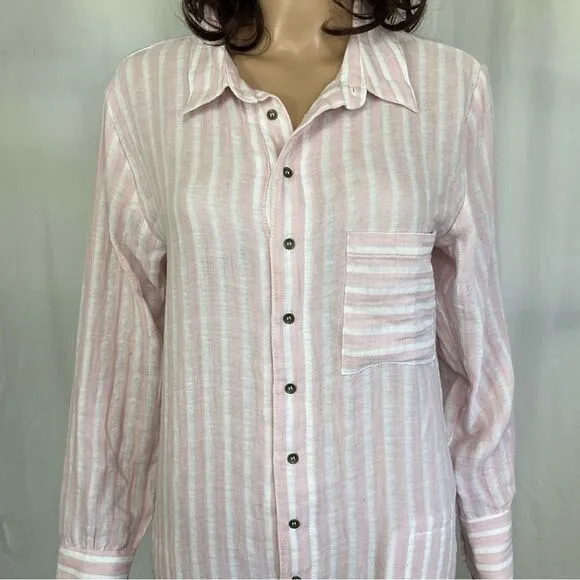 NEW Plush Apparel Pink White Striped Cotton &amp; Linen Pajamas Sleep Romper Small