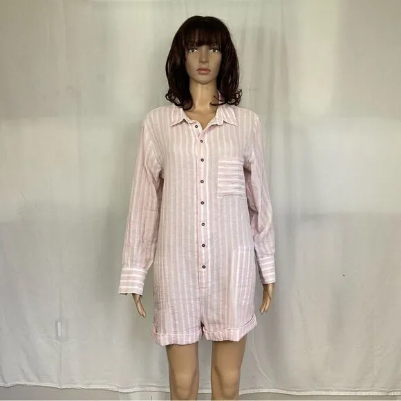 NEW Plush Apparel Pink White Striped Cotton &amp; Linen Pajamas Sleep Romper Small