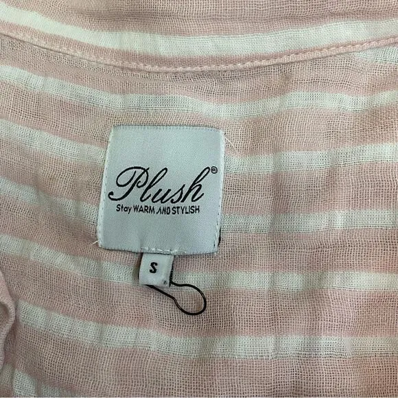 NEW Plush Apparel Pink White Striped Cotton &amp; Linen Pajamas Sleep Romper Small