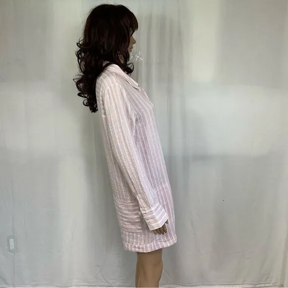 NEW Plush Apparel Pink White Striped Cotton &amp; Linen Pajamas Sleep Romper Small