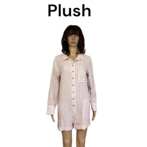 NEW Plush Apparel Pink White Striped Cotton &amp; Linen Pajamas Sleep Romper Small