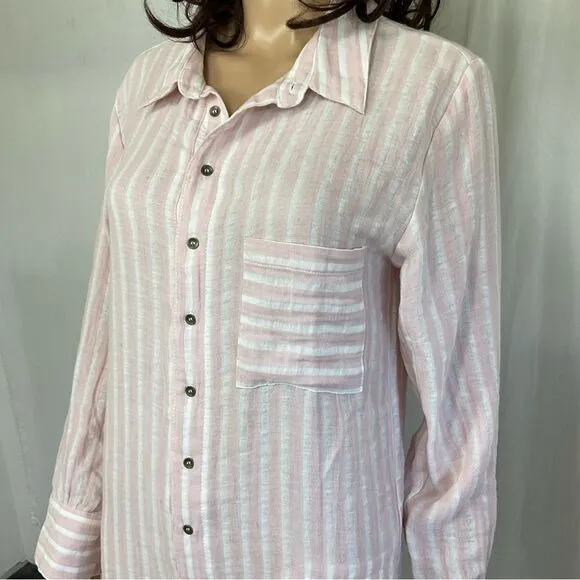 NEW Plush Apparel Pink White Striped Cotton &amp; Linen Pajamas Sleep Romper Small