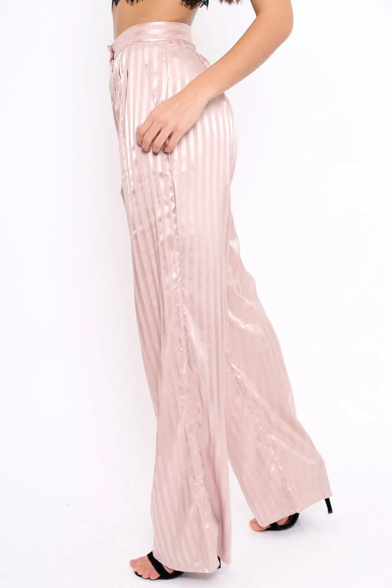 Nude Silky Striped Trousers - Rhiannon