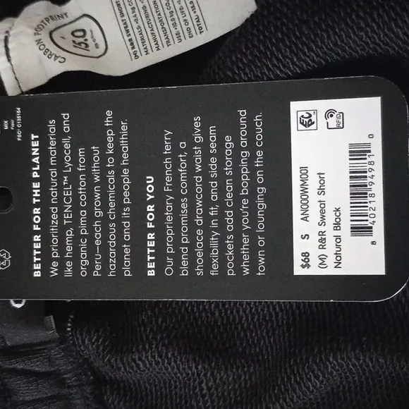 NWT Allbirds R&amp;R Sweat Shorts in Natural Black