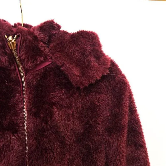 NWT Vince Camuto Reversable Red Oxblood Red Faux Fur Zip Up Hooded Jacket XS