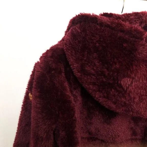 NWT Vince Camuto Reversable Red Oxblood Red Faux Fur Zip Up Hooded Jacket XS