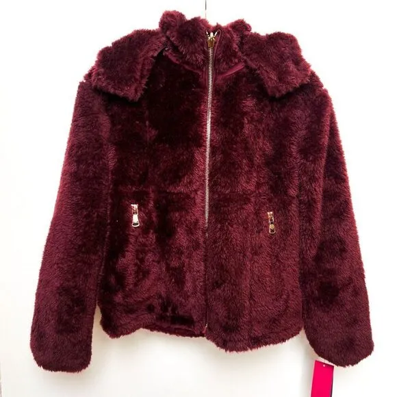 NWT Vince Camuto Reversable Red Oxblood Red Faux Fur Zip Up Hooded Jacket XS
