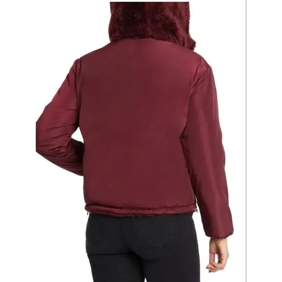 NWT Vince Camuto Reversable Red Oxblood Red Faux Fur Zip Up Hooded Jacket XS