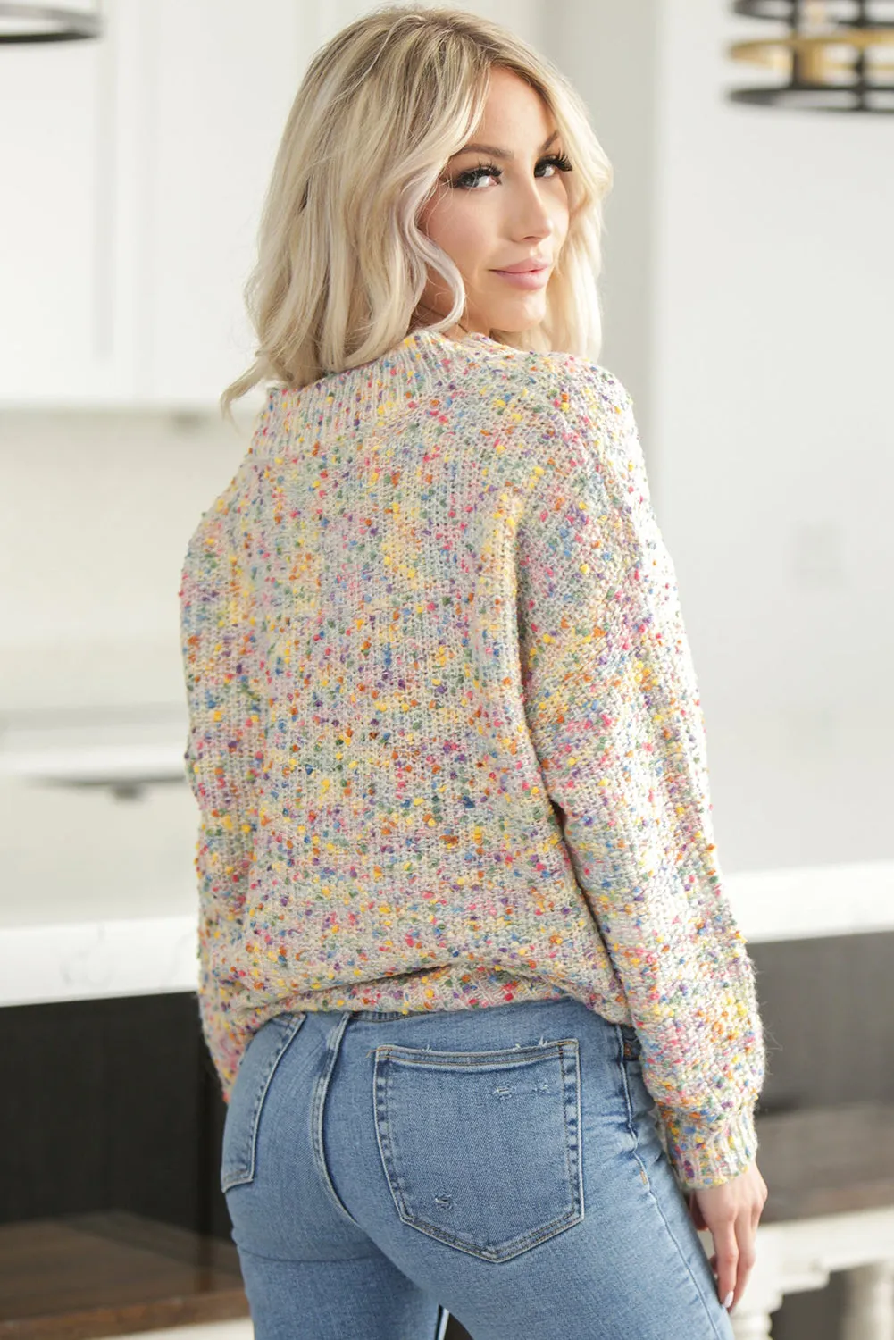 Oatmeal Dark Pink Colorful Spots Knitted V Neck Casual Sweater