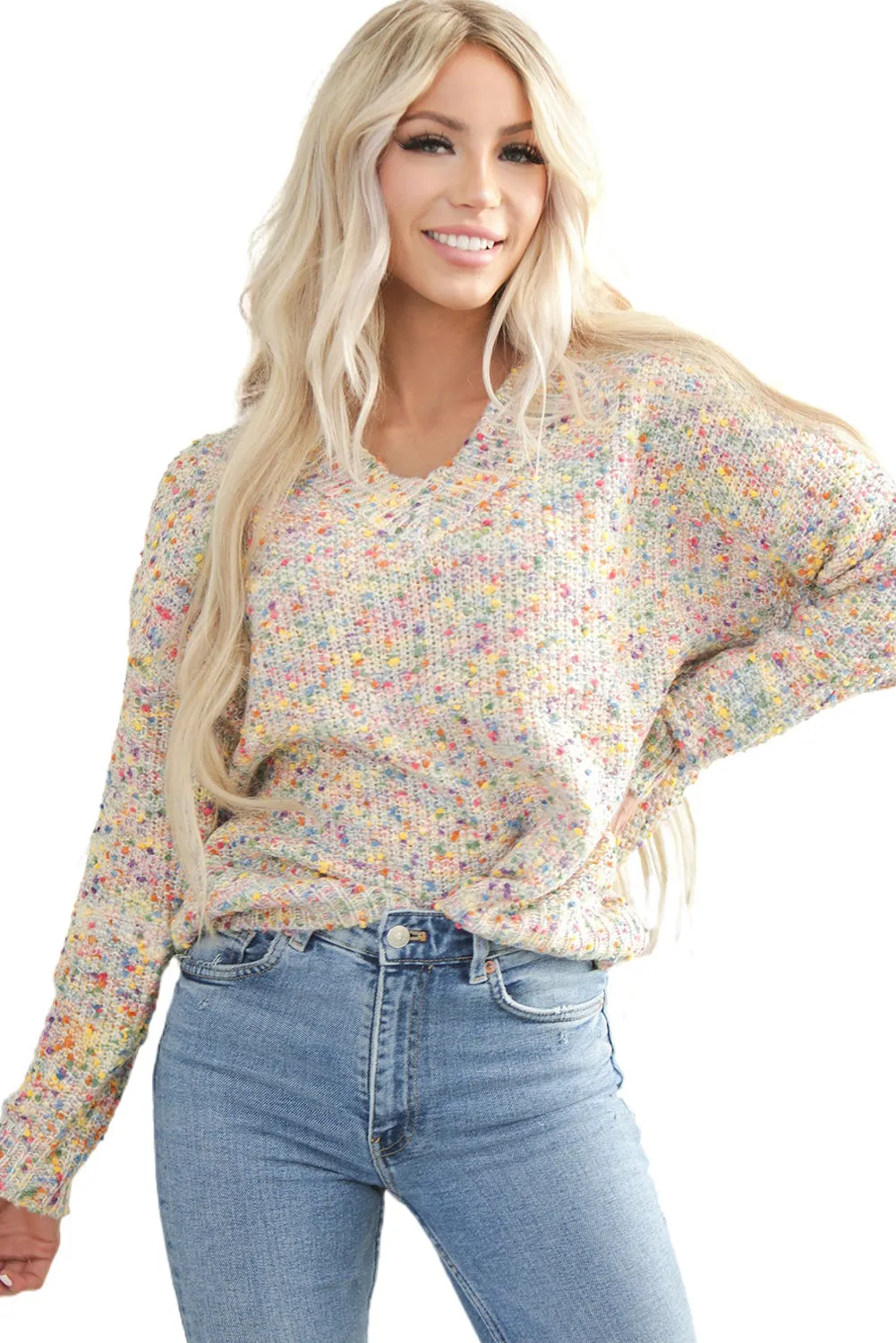Oatmeal Dark Pink Colorful Spots Knitted V Neck Casual Sweater