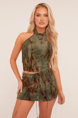 Olive Flock Print High Neck Top & Mini Skirt Co-ord Set - Arianne