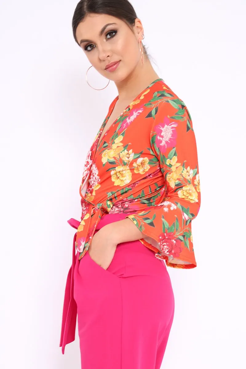 Orange Floral Wrap Side Tie Bodysuit - Lincy