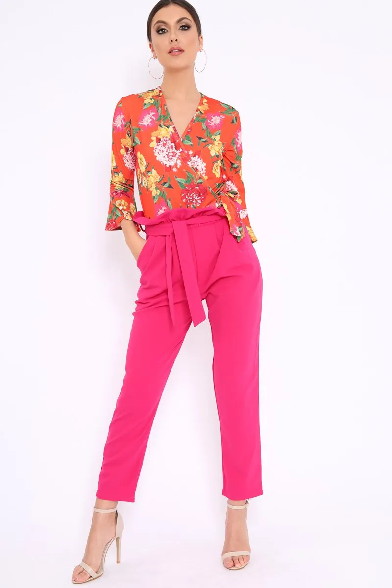 Orange Floral Wrap Side Tie Bodysuit - Lincy