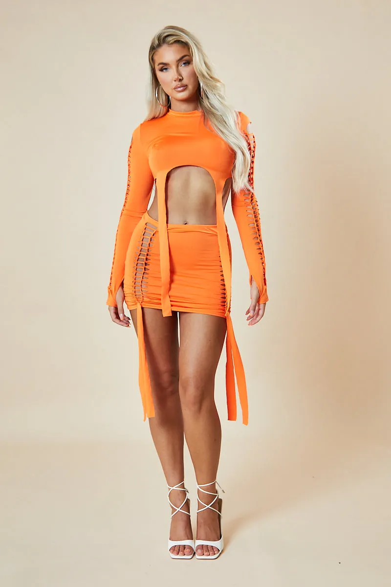 Orange Knot Detail Crop Top & Mini Skirt Set - Isabel
