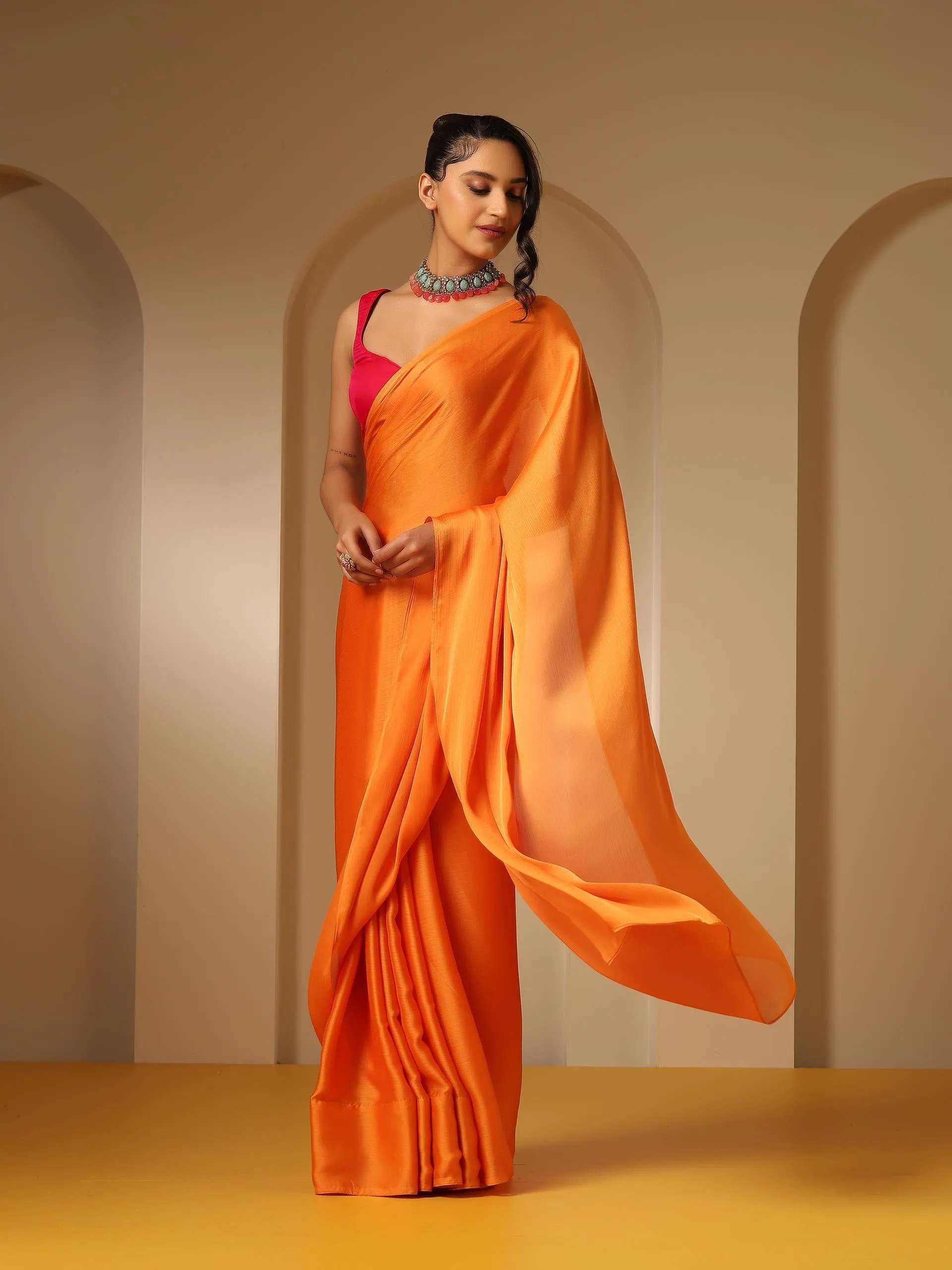 Orange Soft Chiffon Saree with Fuchsia Blouse Fabric