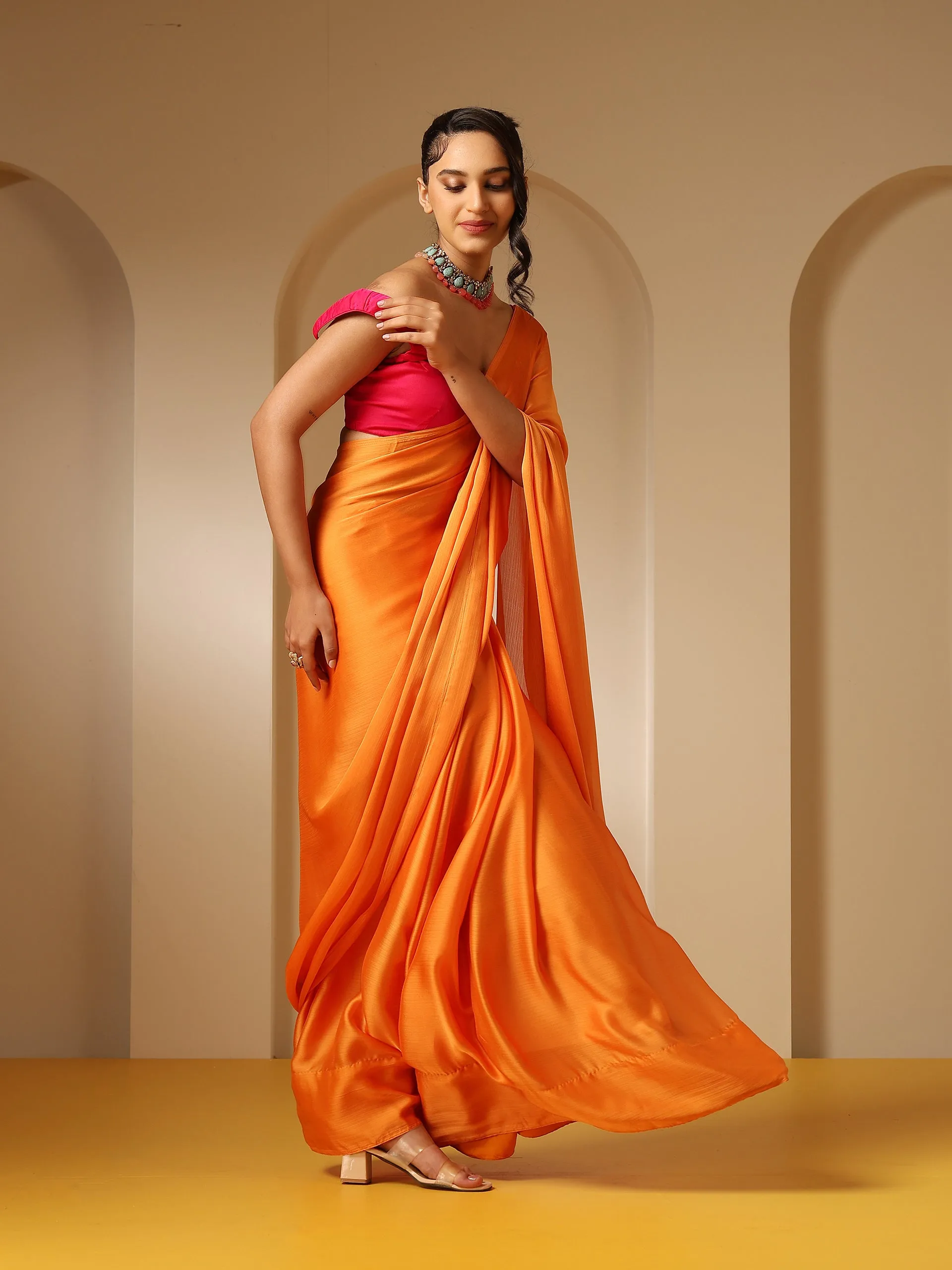 Orange Soft Chiffon Saree with Fuchsia Blouse Fabric