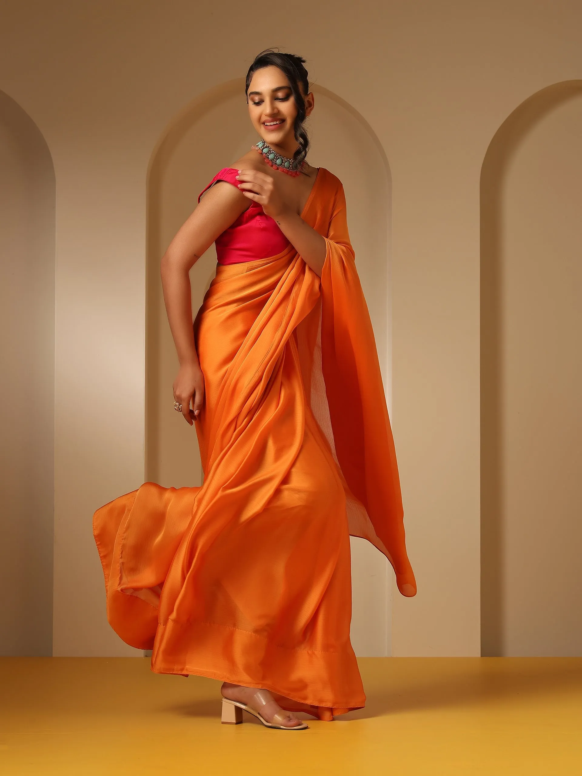 Orange Soft Chiffon Saree with Fuchsia Blouse Fabric