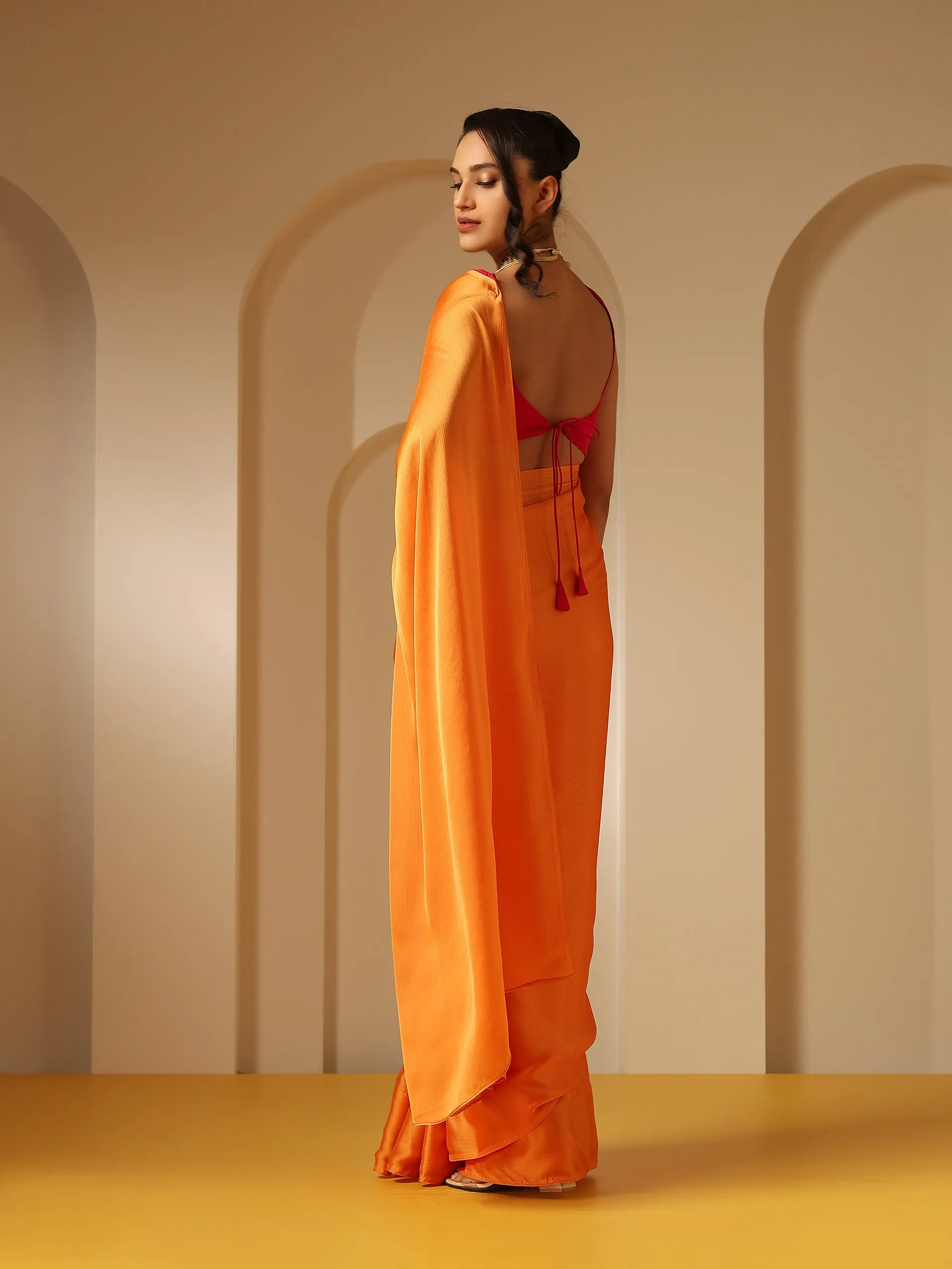 Orange Soft Chiffon Saree with Fuchsia Blouse Fabric
