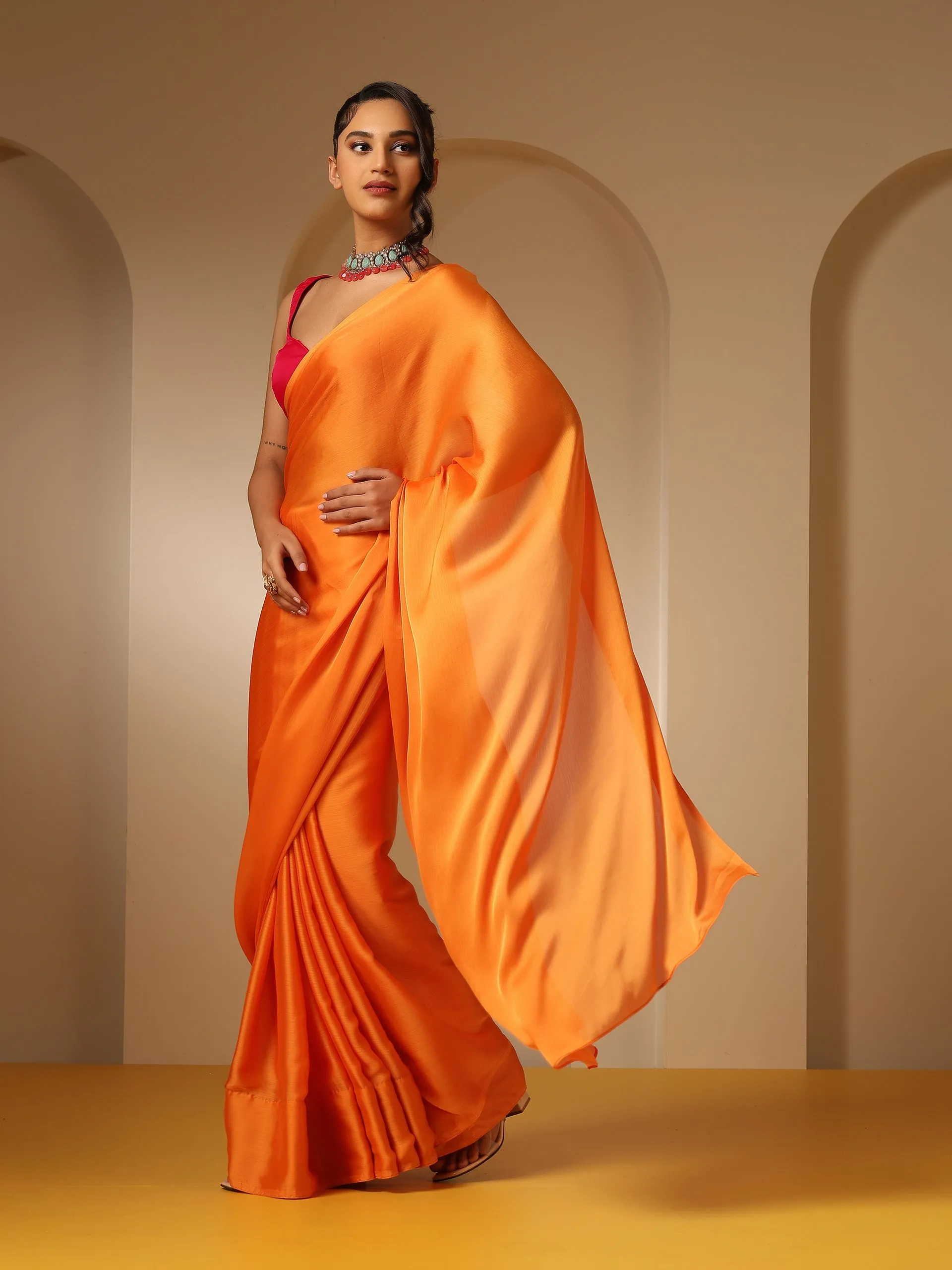 Orange Soft Chiffon Saree with Fuchsia Blouse Fabric