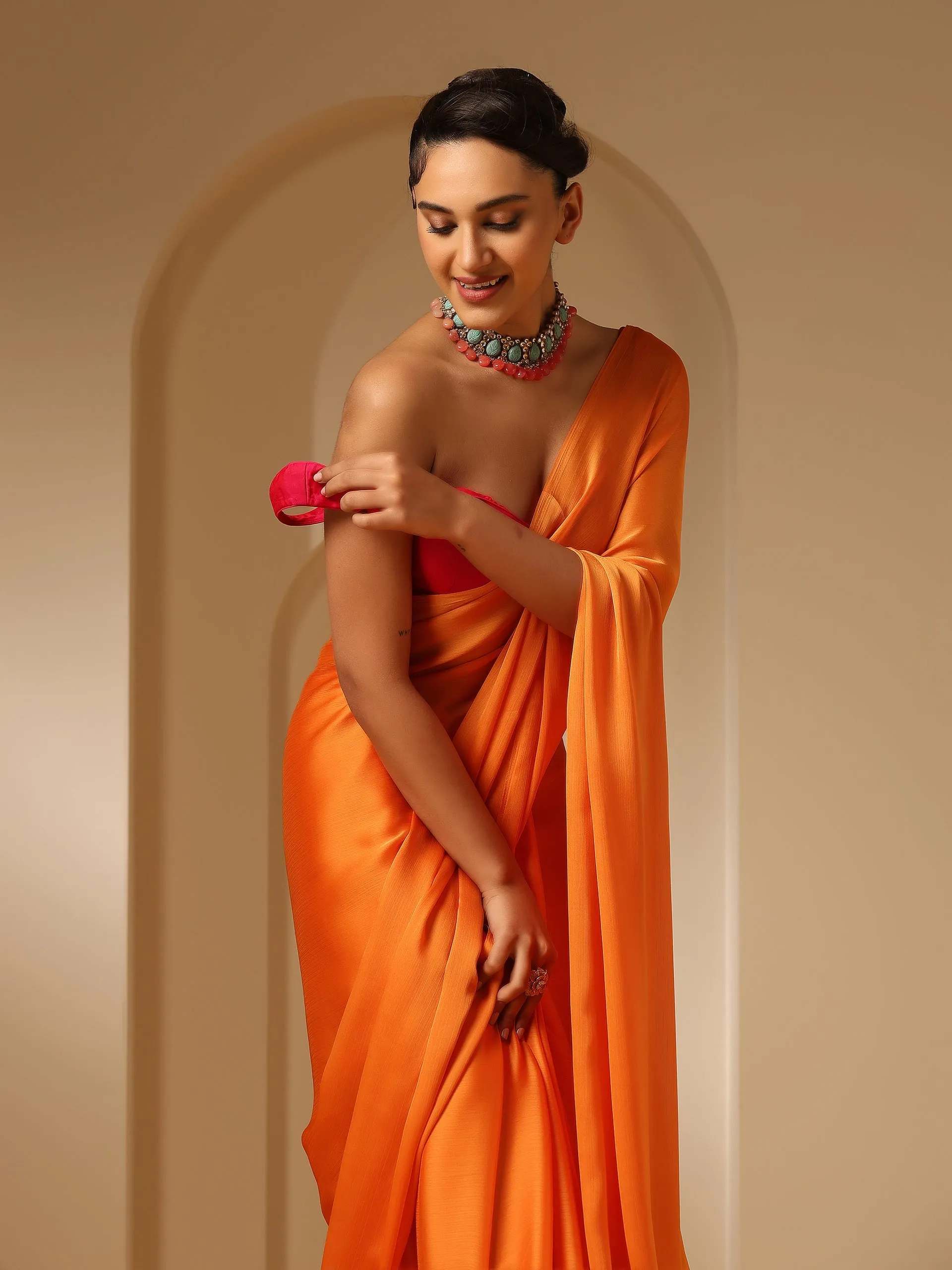 Orange Soft Chiffon Saree with Fuchsia Blouse Fabric