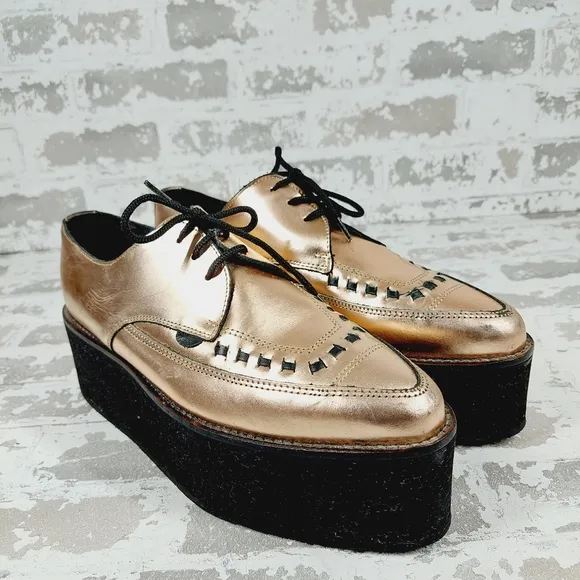 Paddington Gold Leather Almond Toe Lace up High Platform Lace Up Oxford E20