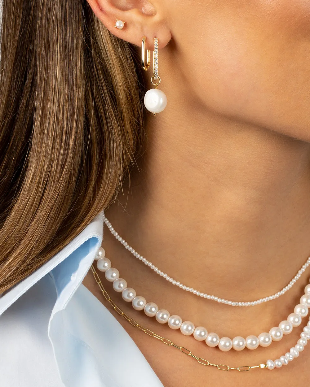 Pavé Oval Shape Dangling Pearl Huggie Earring