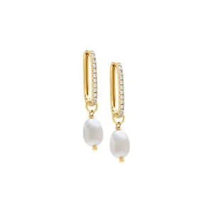 Pavé Oval Shape Dangling Pearl Huggie Earring