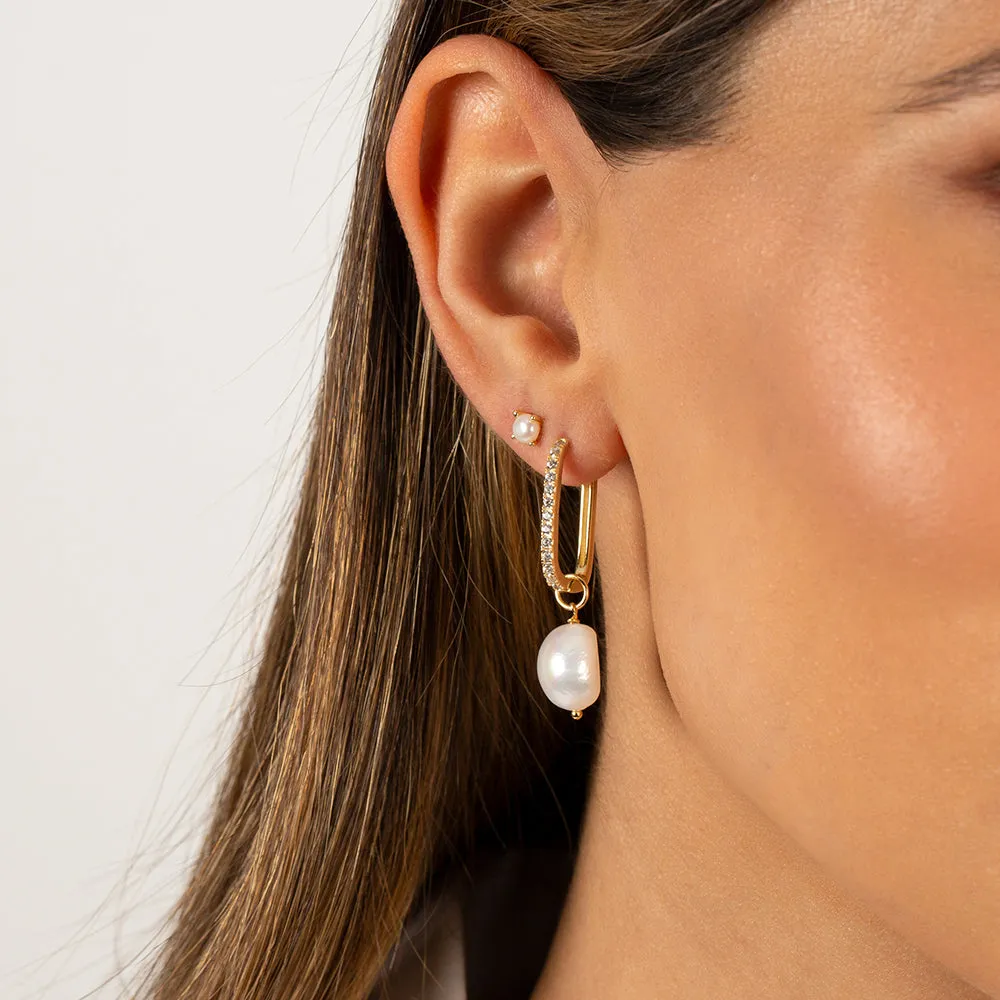 Pavé Oval Shape Dangling Pearl Huggie Earring