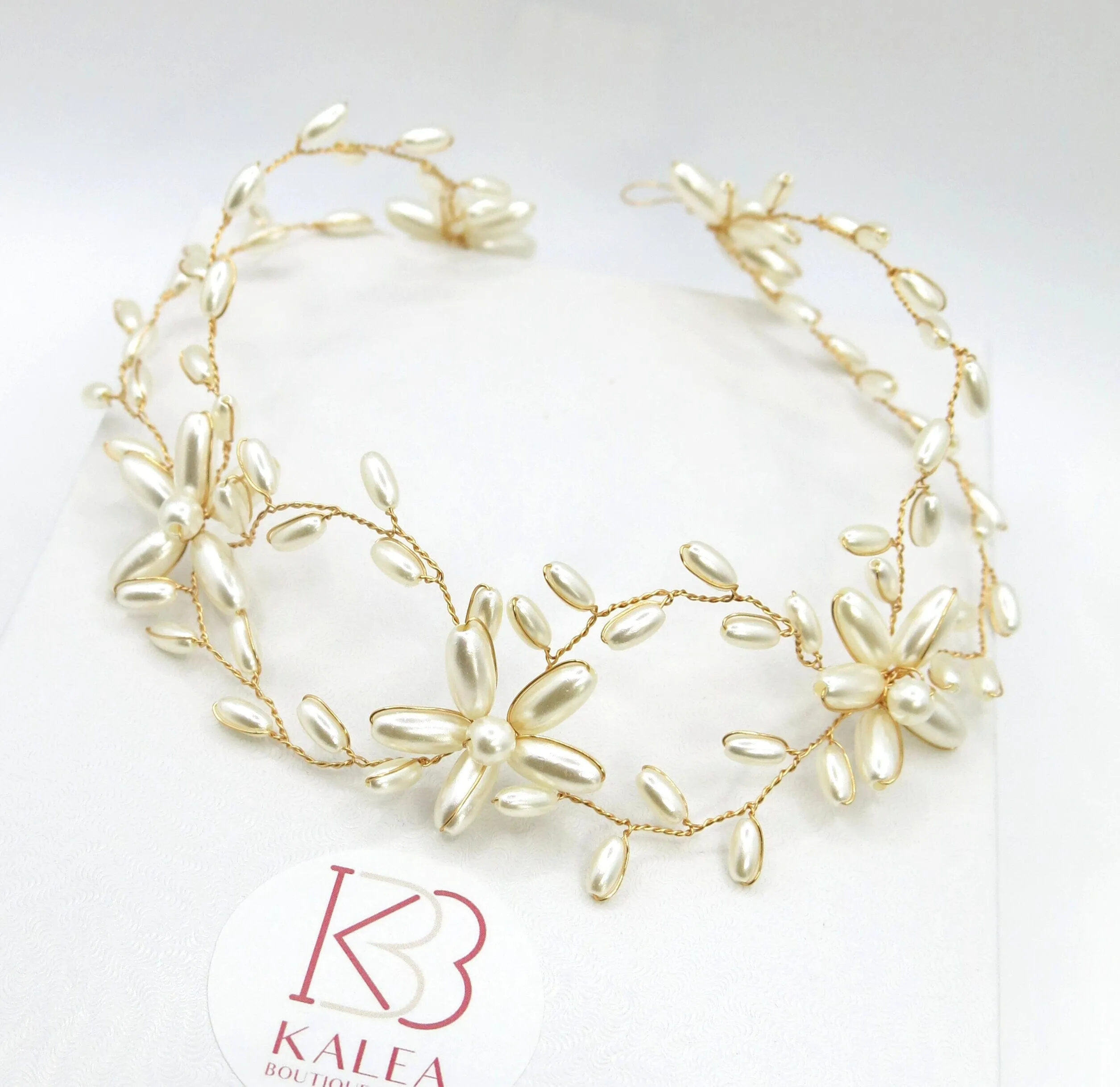 Pearl Flower Gold Wire Headband, Bridal Pearl Head Wreath, Wedding Oval Pearl Hair Vine Tiara