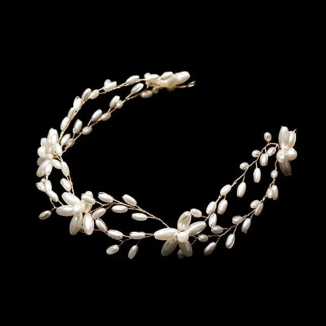 Pearl Flower Gold Wire Headband, Bridal Pearl Head Wreath, Wedding Oval Pearl Hair Vine Tiara
