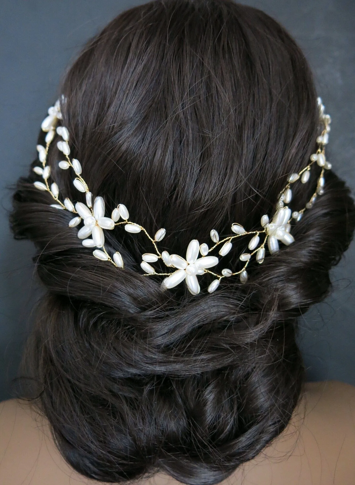 Pearl Flower Gold Wire Headband, Bridal Pearl Head Wreath, Wedding Oval Pearl Hair Vine Tiara