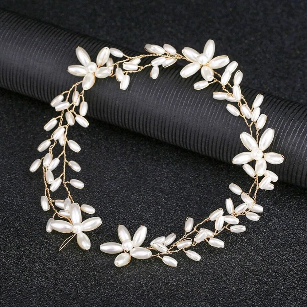 Pearl Flower Gold Wire Headband, Bridal Pearl Head Wreath, Wedding Oval Pearl Hair Vine Tiara