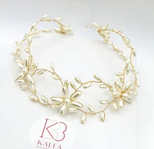 Pearl Flower Gold Wire Headband, Bridal Pearl Head Wreath, Wedding Oval Pearl Hair Vine Tiara