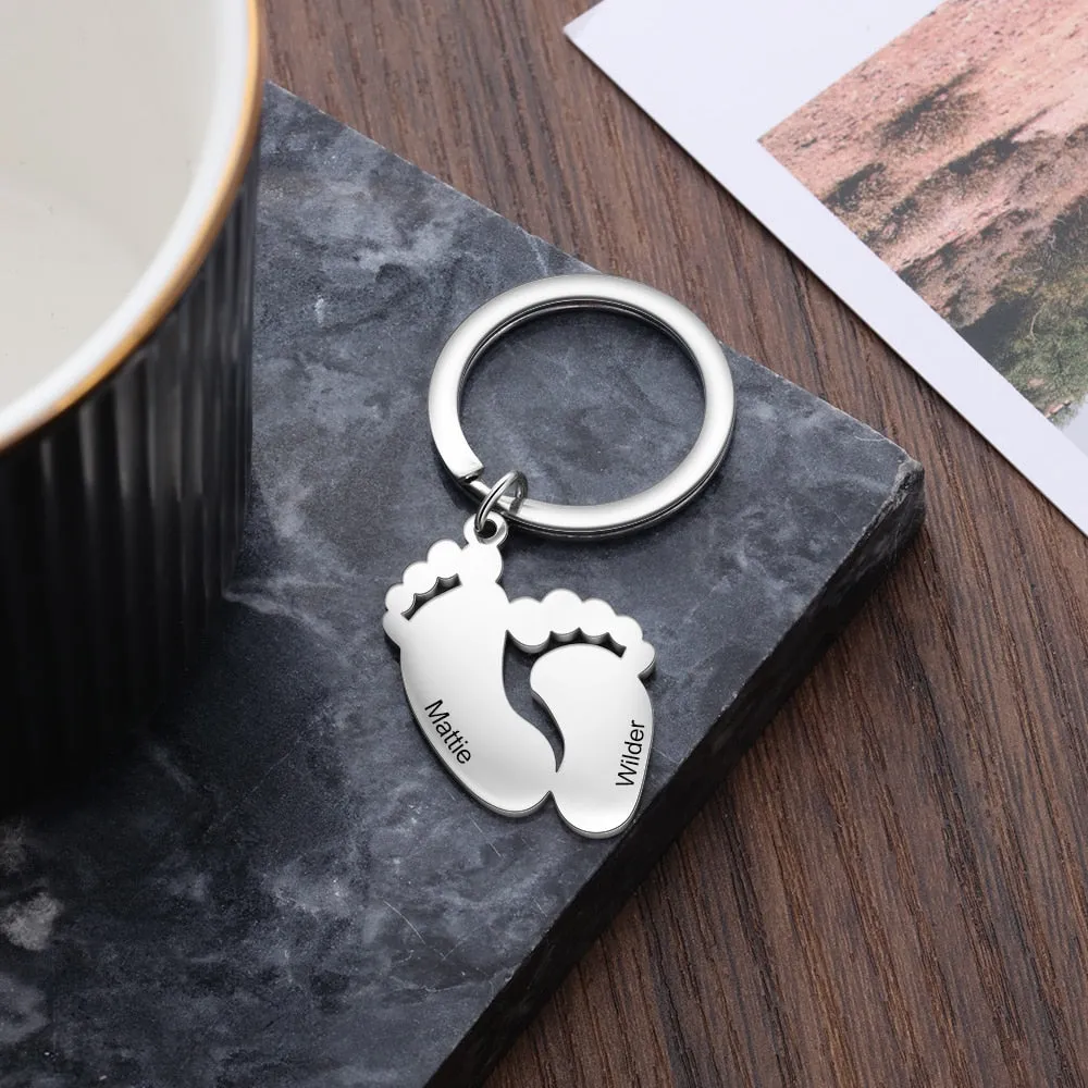 Personalized Engraved 2 Names Baby Feet Keychains