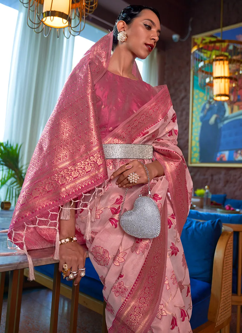 Pink Two Tone Zari Weaved Jacquard Silk Saree