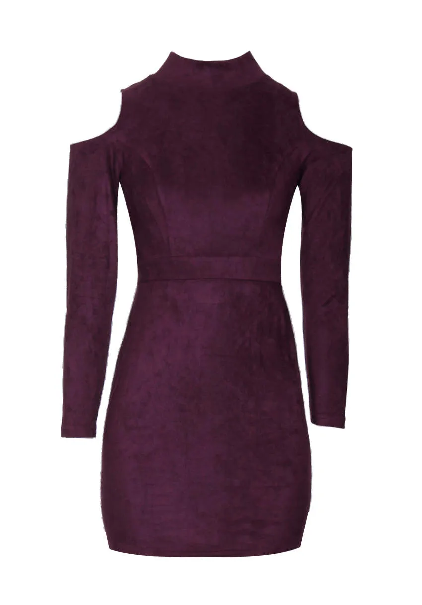 Plum faux suede High Neck Cold Shoulder Mini Dress