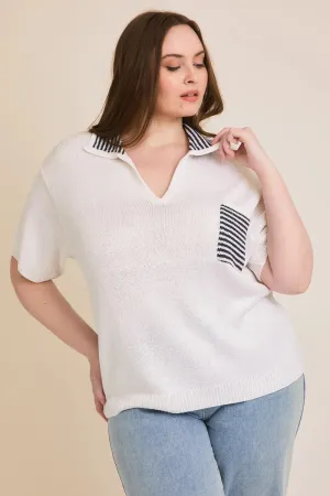 Plus Size V-Neck Striped Collar Knit Single Pocket Preppy Summer Sweater