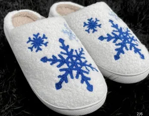 Plush Holiday Slippers - Blue Snowflakes