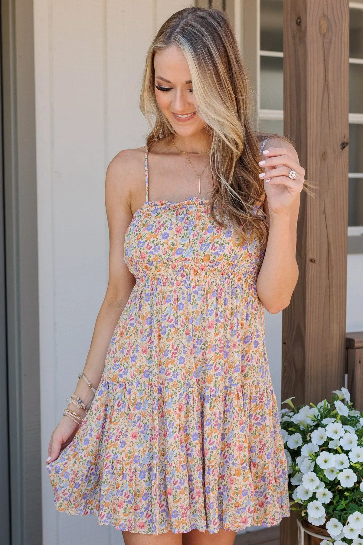 Put A Ring On It Smocked Dress- Orange & Lavender
