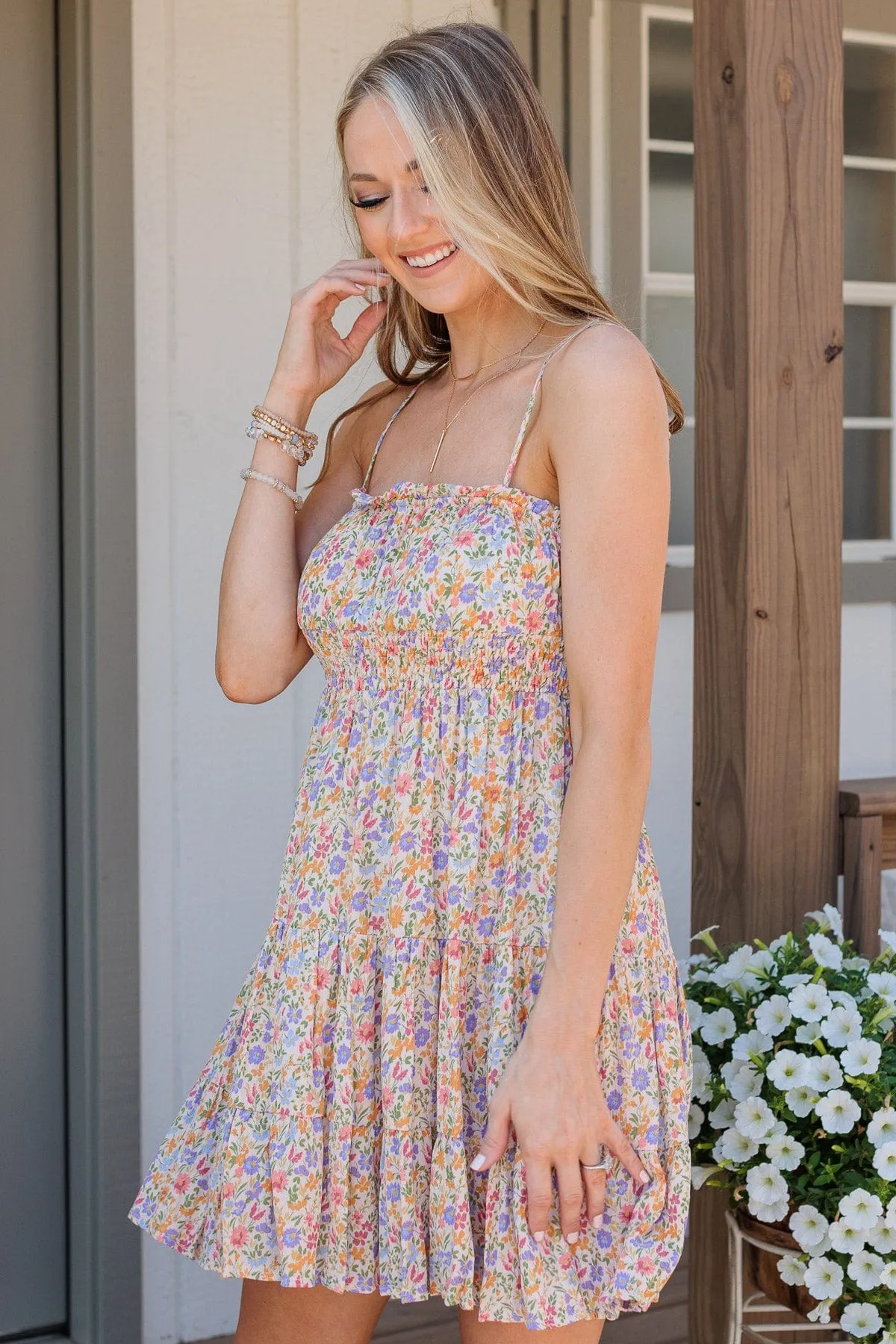 Put A Ring On It Smocked Dress- Orange & Lavender