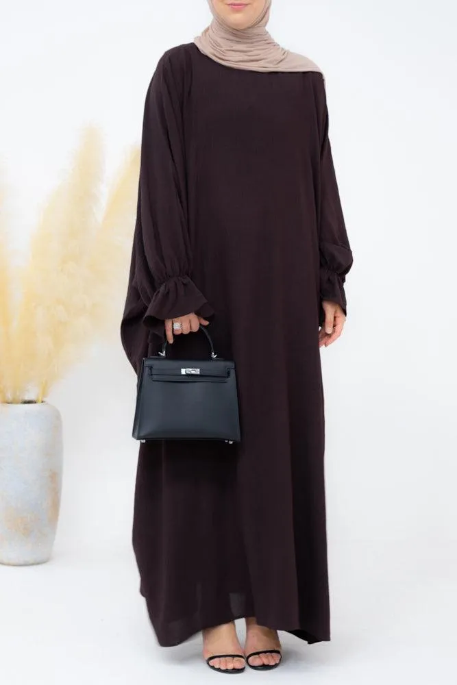 Radwa batwing abaya with ruched sleeve and loose cut in dark coffee