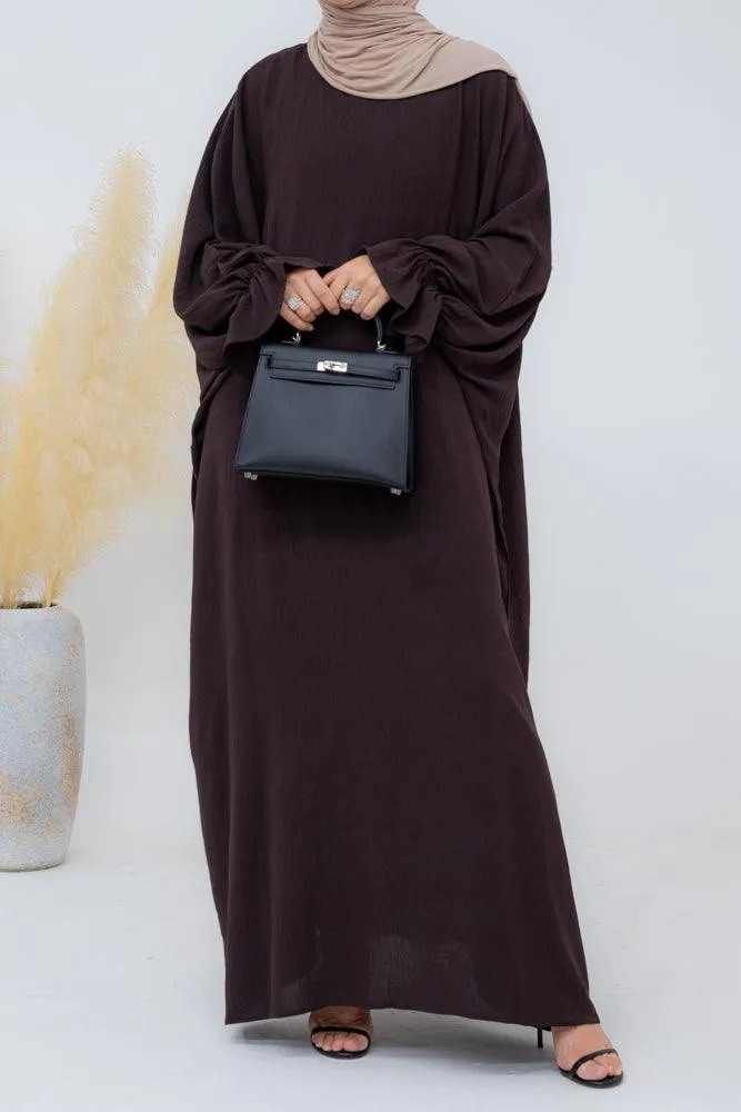 Radwa batwing abaya with ruched sleeve and loose cut in dark coffee