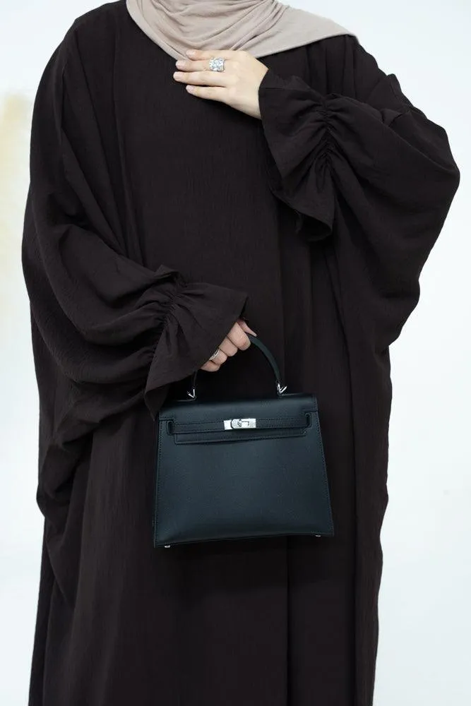 Radwa batwing abaya with ruched sleeve and loose cut in dark coffee