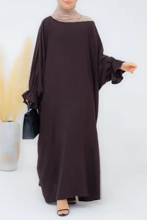 Radwa batwing abaya with ruched sleeve and loose cut in dark coffee