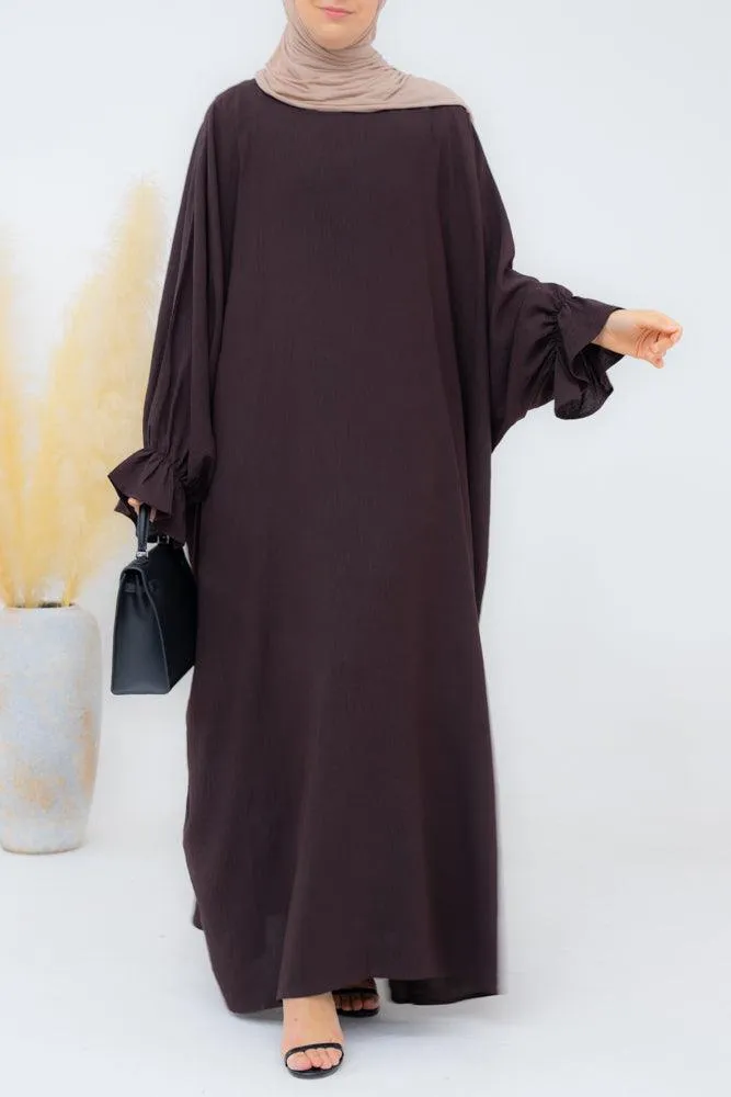 Radwa batwing abaya with ruched sleeve and loose cut in dark coffee