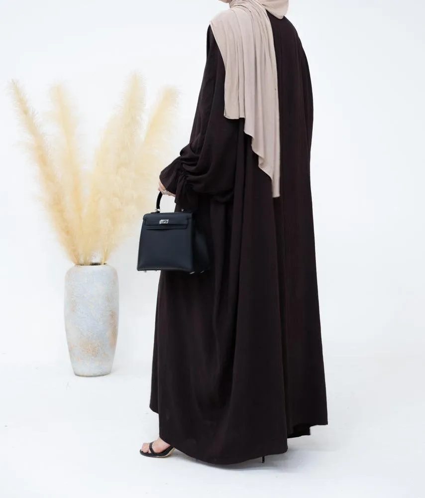 Radwa batwing abaya with ruched sleeve and loose cut in dark coffee