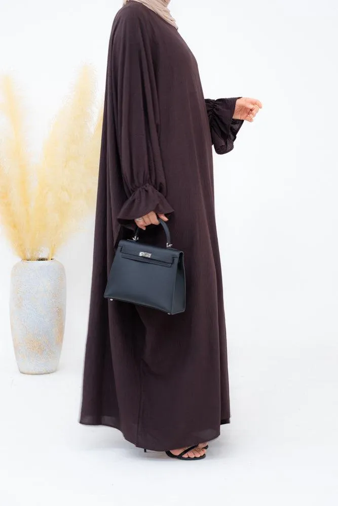 Radwa batwing abaya with ruched sleeve and loose cut in dark coffee