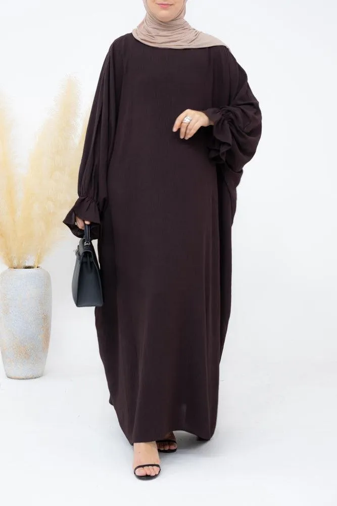 Radwa batwing abaya with ruched sleeve and loose cut in dark coffee
