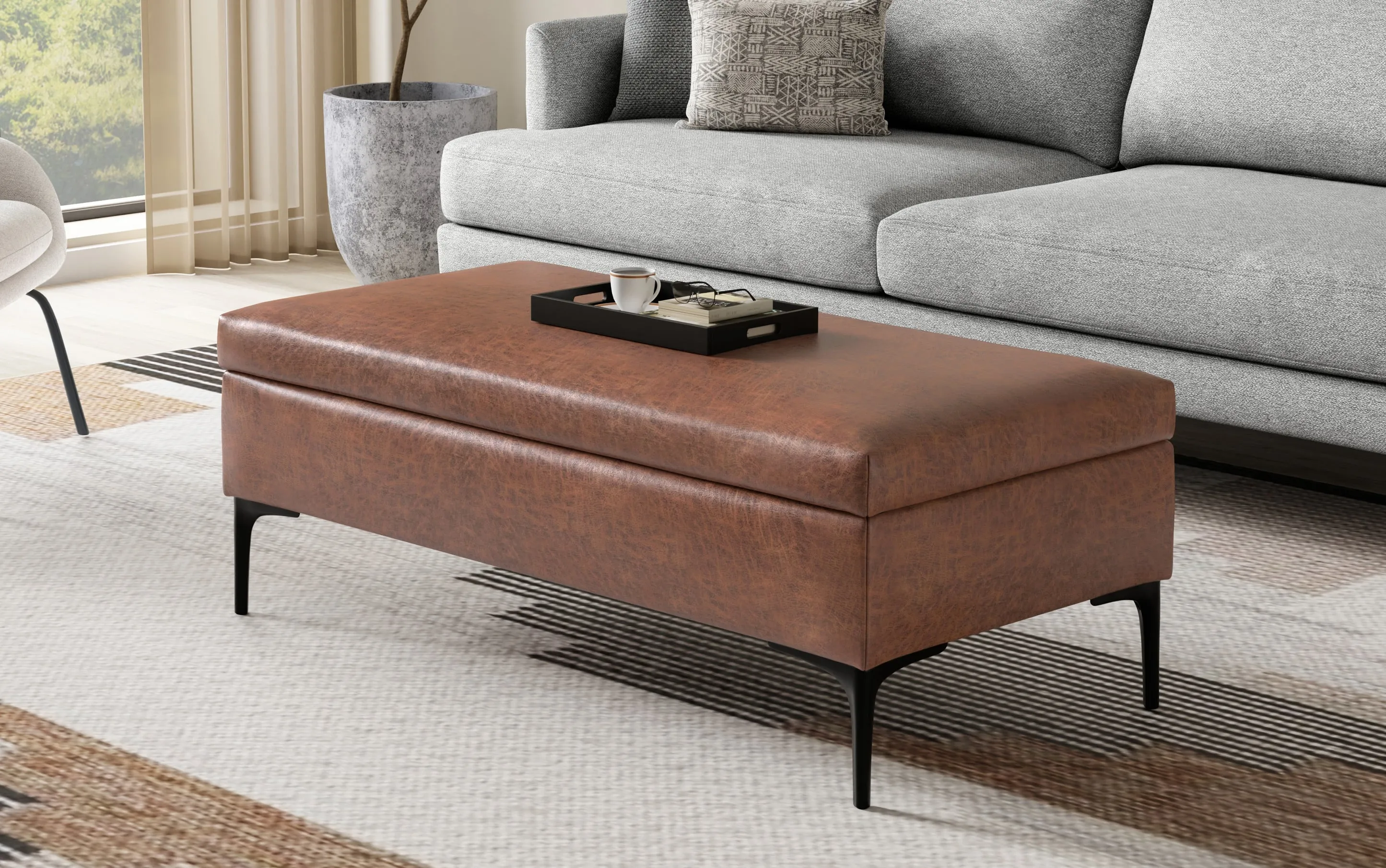 Rebecca Large Coffee Table Storage Ottoman with Lift up Lid in Distressed Vegan Leather