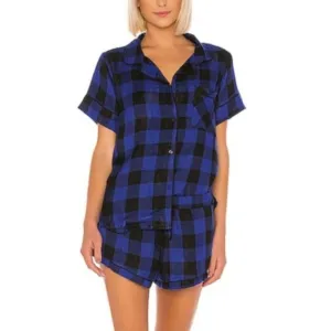 REVOLVE x PLUSH Buffalo Plaid Pajama Set &amp; Scrunchie, Blue XS NWT